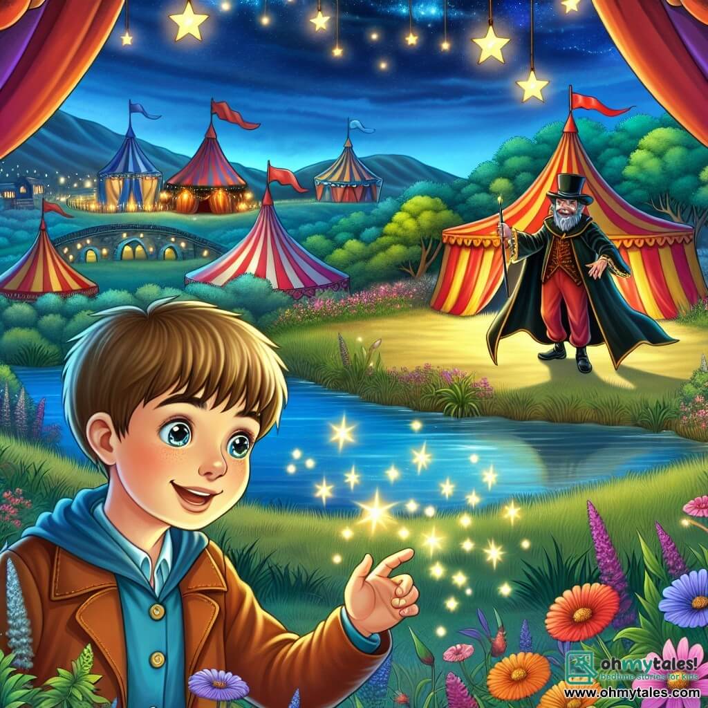 Une illustration destinée aux enfants représentant un jeune garçon aux yeux pétillants découvrant un magicien mystérieux et farceur au cœur d'un cirque enchanté, entourés de tentes colorées et de drapeaux flottant sous un ciel étoilé, dans une petite ville paisible entre collines verdoyantes et un lac scintillant.