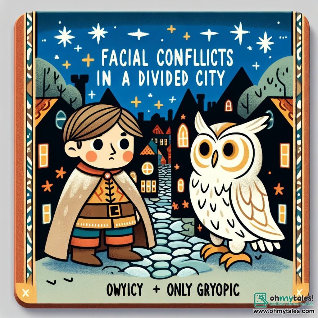 Une illustration destinée aux enfants représentant un petit garçon en bois, doté de pouvoirs magiques, faisant face à des conflits dans une ville divisée, accompagné d'un sage vieil hibou, dans une ville animée aux rues pavées et maisons colorées, sous un ciel étoilé scintillant.