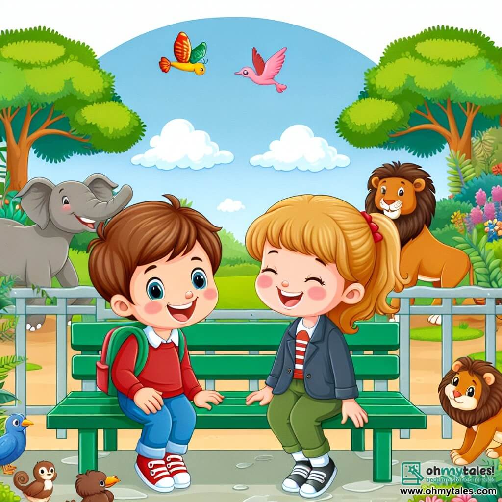 Une illustration destinée aux enfants représentant un garçon joyeux et curieux, faisant la rencontre d'une fille souriante sur un banc du zoo, entouré d'animaux colorés et de verdure luxuriante.