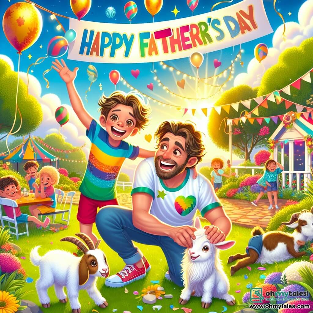 An illustration depicting a joyful scene in a lively park during Father's Day. The park is filled with bright colors, featuring floating balloons, tables adorned with garlands, and a large "Happy Father's Day" sign in the background. In the center of the image, a ten-year-old boy with tousled brown hair and a bright smile is crouched down petting a small white rabbit. Next to him, a man in his forties with curly hair and an amused expression is wearing a colorful t-shirt and shorts, laughing while trying to fend off a mischievous little goat approaching him. The scene conveys an atmosphere of happiness and camaraderie, with children playing in the background and smiling parents. Laughter and vibrant colors add to the magic of this special moment, symbolizing love and shared memories during this celebration.