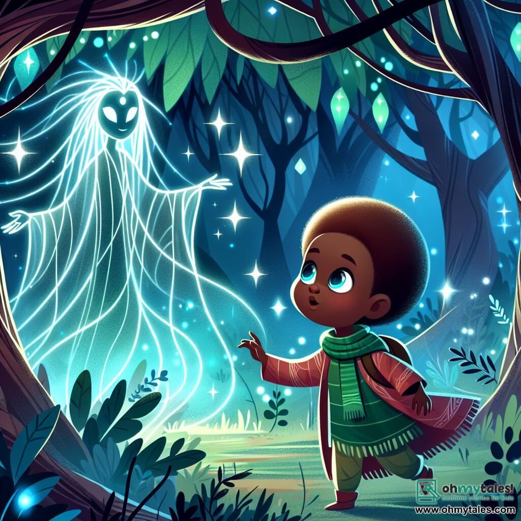 Une illustration destinée aux enfants représentant une jeune fille aux yeux étincelants découvrant un monde enchanté avec l'aide d'un gardien mystérieux, dans une forêt magique aux arbres lumineux et aux branches dansant comme des rubans d'émeraude.