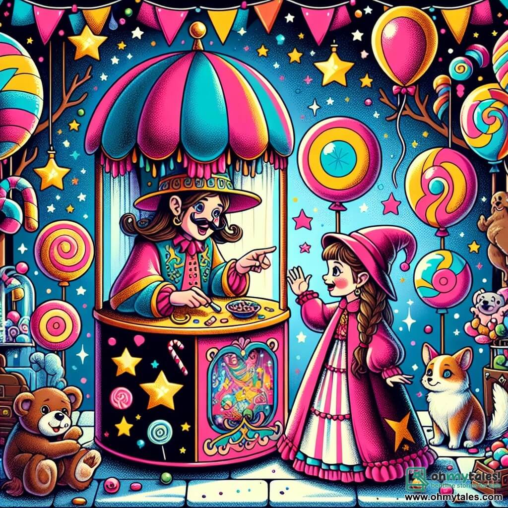 Une illustration destinée aux enfants représentant une fillette, une mystérieuse voyante, un carnaval magique avec des ballons colorés, des animaux parlants et des arbres en bonbons.
