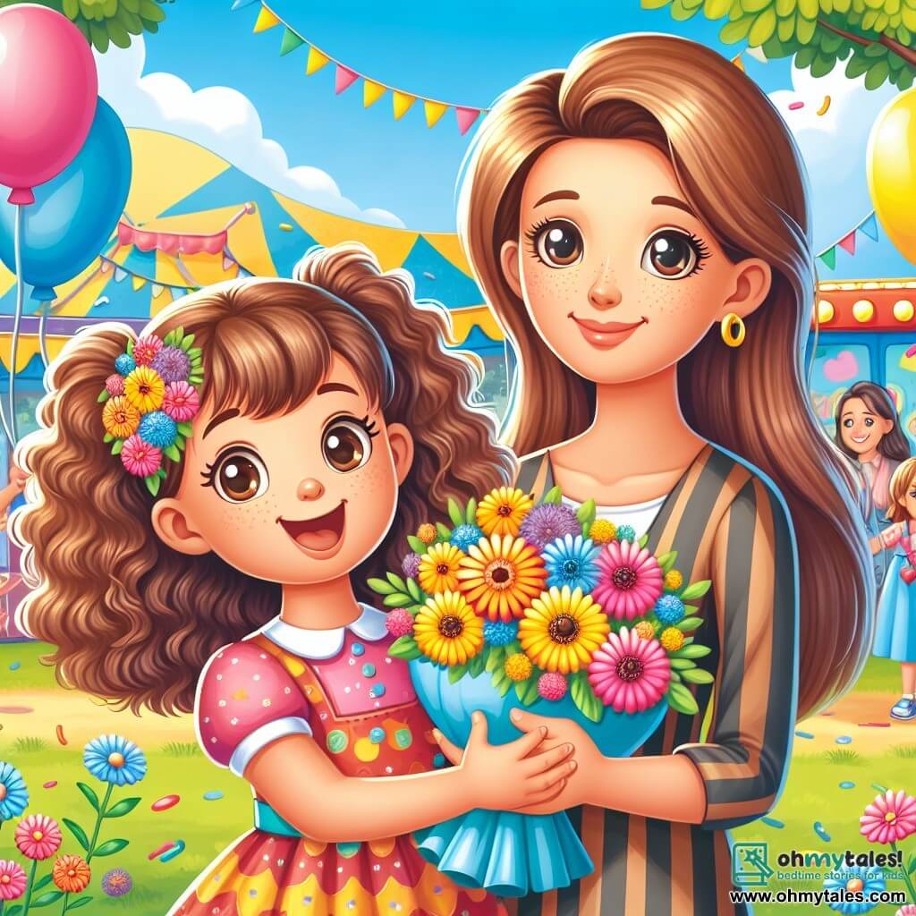 Une illustration sous forme de dessin destinée aux enfants représentant un parc ensoleillé rempli de familles joyeuses, avec une fille de 9 ans aux cheveux bruns et bouclés, portant une robe colorée, qui tient un bouquet de fleurs éclatantes et sourit avec enthousiasme, tandis qu'à ses côtés, sa maman, une femme aux cheveux châtains et aux yeux pétillants, la regarde avec amour, tous deux entourés de ballons colorés et de stands de jeux, célébrant ensemble la fête des mères dans une ambiance festive et chaleureuse.