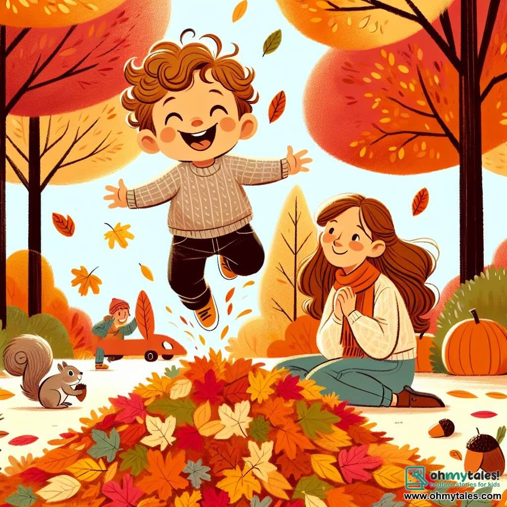Une illustration sous forme de dessin destinée aux enfants représentant un parc en automne, avec des arbres aux feuilles orange, rouges et jaunes, où un petit garçon de 2 ans aux cheveux bouclés et au sourire éclatant saute joyeusement dans une grande pile de feuilles colorées, tandis qu'une maman souriante, avec de longs cheveux bruns et un pull doux, l'observe avec tendresse, et un petit écureuil brun, occupé à ramasser des glands, se faufile à proximité, capturant l'esprit ludique et chaleureux d'une journée d'automne.