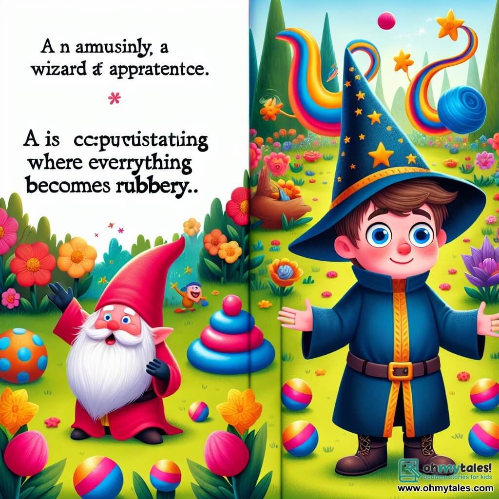 Une illustration destinée aux enfants représentant un jeune apprenti sorcier espiègle, qui se retrouve accidentellement dans une situation où tout devient en caoutchouc, accompagné d'un gnome magique dans un jardin enchanté rempli de fleurs colorées et d'arbres rebondissants.