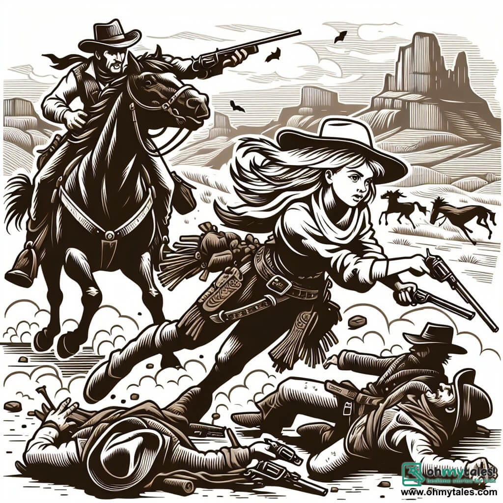 Une illustration destinée aux enfants représentant une courageuse cowgirl, affrontant des bandits avec l'aide de son fidèle cheval, dans le décor sauvage et poussiéreux du Far West.