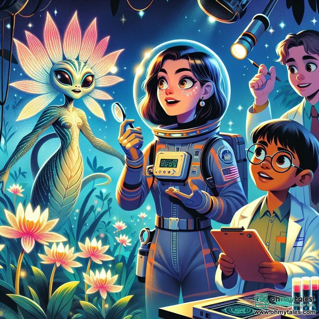 Une illustration sous forme de dessin destinée aux enfants représentant une scène vibrante sur la planète Verenthis, où une femme astronaute aux cheveux bruns et aux yeux pétillants, vêtue d'une combinaison spatiale futuriste, observe avec émerveillement des fleurs luminescentes tout en tenant un appareil de mesure, tandis qu'un jeune homme aux cheveux courts et à la peau mate, vêtu d'une blouse d'ingénieur, ajuste des instruments à proximité, et un autre jeune homme aux lunettes rondes et au sourire amical, portant une tenue de scientifique, prend des notes sur une tablette, alors qu'un majestueux être extraterrestre aux écailles scintillantes et aux yeux sages les observe avec bienveillance, illustrant ainsi leur découverte d'une civilisation ancienne et leur engagement à protéger cet écosystème unique.