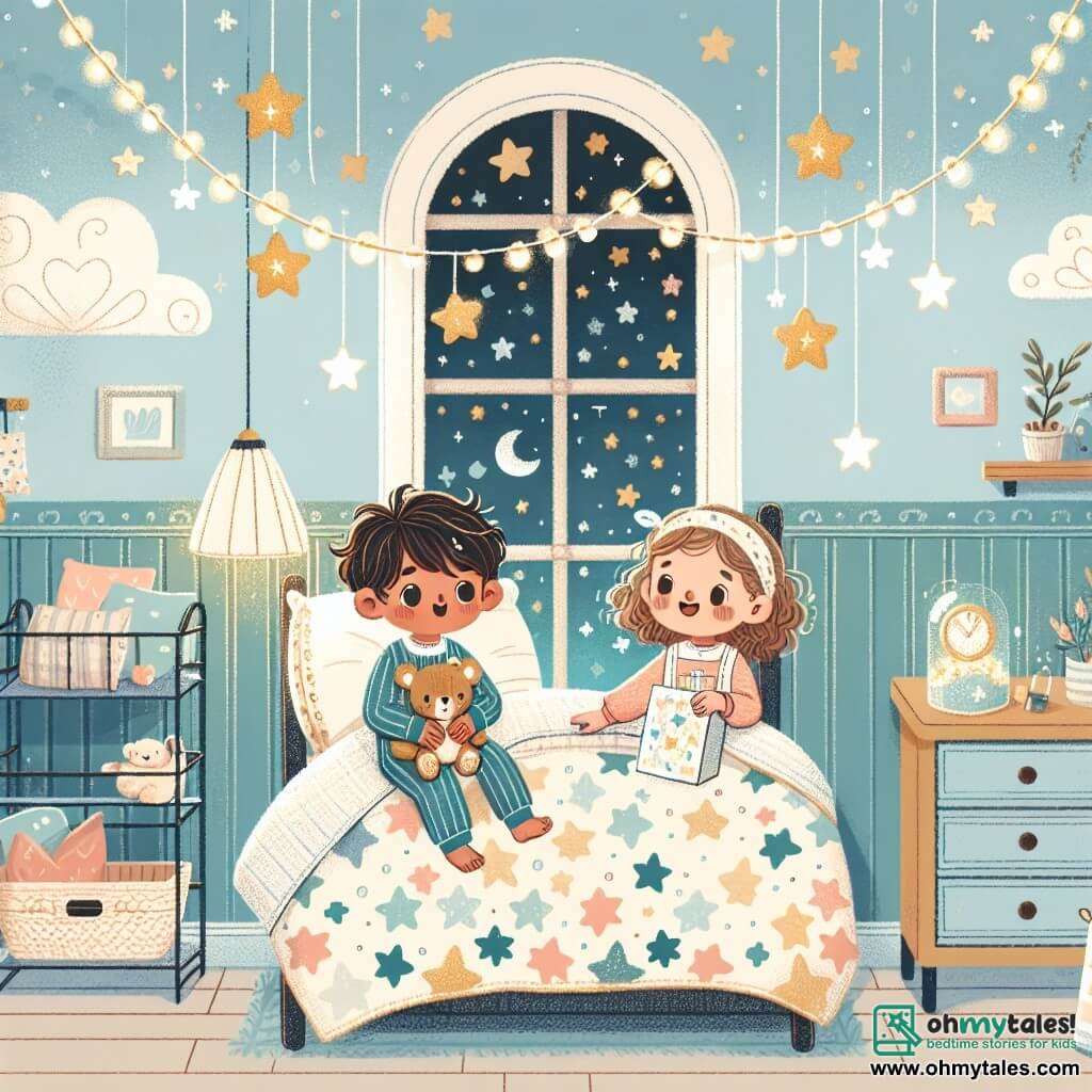 An illustration depicting a warm and inviting children's room, with light blue walls and sparkling golden stars. In the center, a cozy bed covered with a duvet featuring white cloud patterns. Pastel-colored fairy lights are hung around the bed, creating a magical atmosphere. In the scene, a seven-year-old boy with messy brown hair and sparkling eyes is lying on his bed, holding a teddy bear. He is wearing a blue and white striped pajamas. Next to him, a seven-year-old girl with curly blonde hair in a pink dress smiles encouragingly while holding a box of fairy lights. The main situation shows the boy, a bit nervous but determined, ready to turn off the main light in the room, while the girl encourages him with a friendly look. In the corner, an open window lets in soft moonlight, and a small glowing firefly flies outside, adding a touch of magic to the atmosphere. Colorful books are stacked on a shelf, and drawings of stars and planets decorate the walls, symbolizing imagination and dreams.