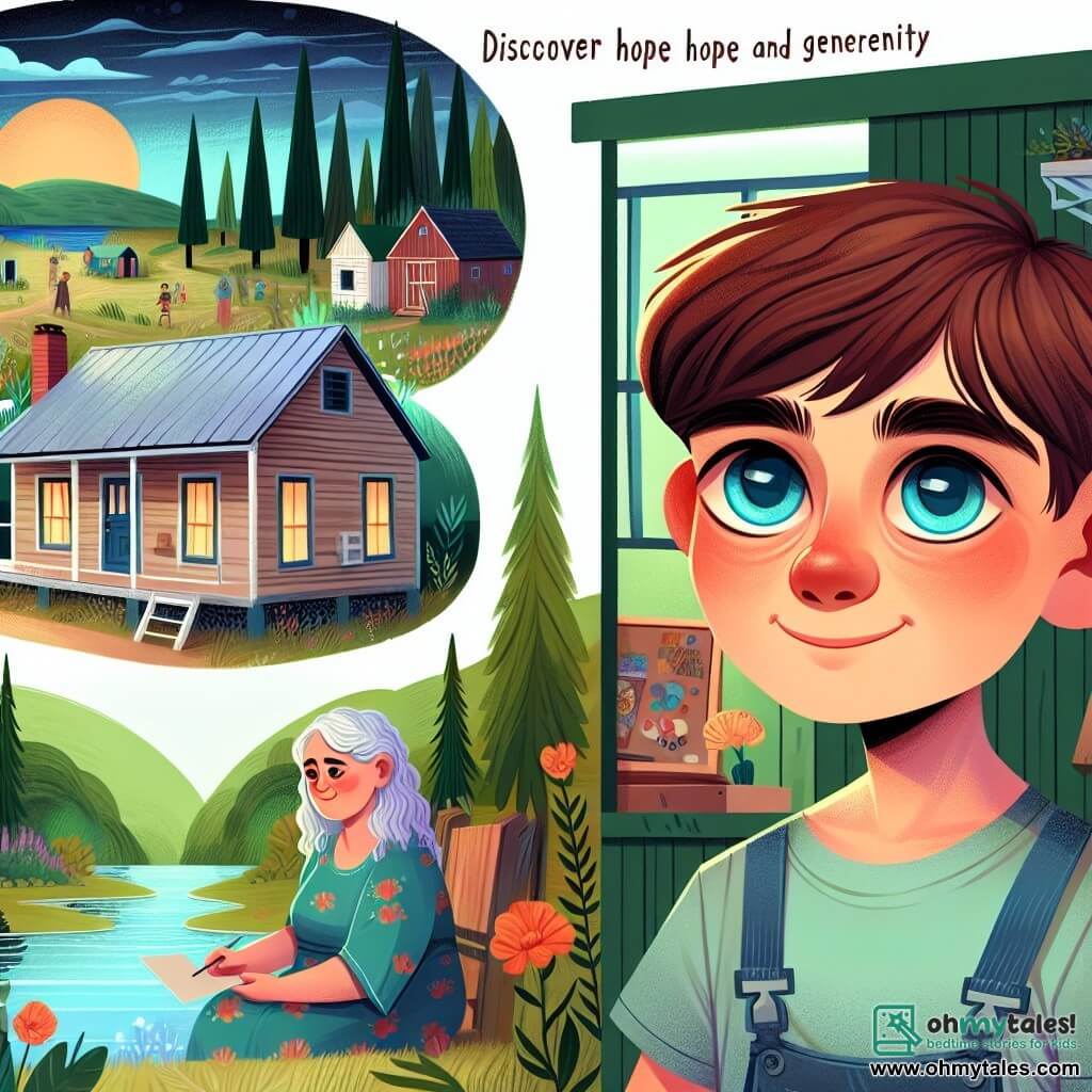 Une illustration destinée aux enfants représentant un jeune garçon aux yeux brillants, vivant dans une petite maison modeste avec sa mère, faisant face à la pauvreté, mais qui découvre l'espoir et la générosité grâce à un camp d'art estival, entouré d'un magnifique paysage verdoyant avec une forêt luxuriante et un lac serein.