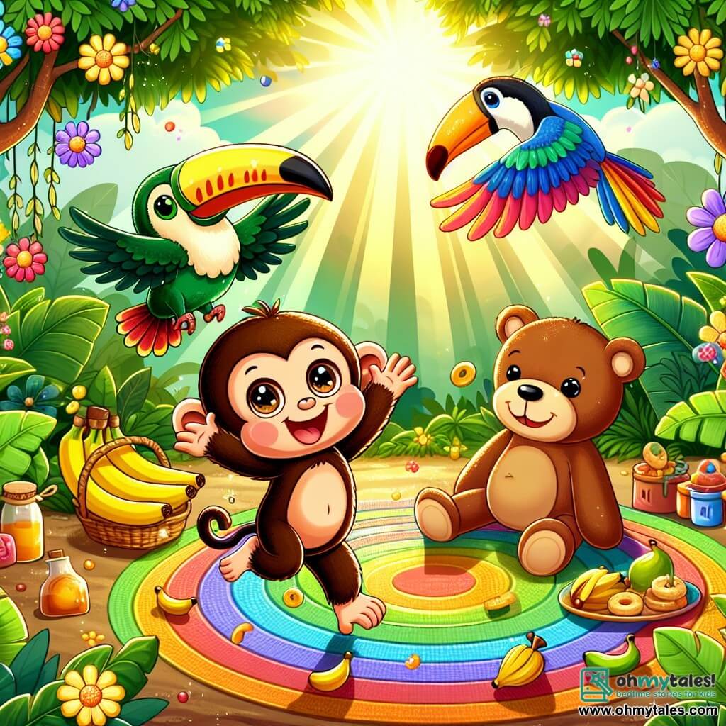 Illustration destinée aux enfants représentant une scène joyeuse dans la jungle ensoleillée de Jamboree, où de grandes feuilles vertes et des fleurs colorées créent un décor vibrant. Au centre, un petit singe aux yeux pétillants et à la fourrure brune, avec une queue touffue, danse joyeusement tout en tenant une banane géante au-dessus de sa tête. À ses côtés, un toucan aux plumes éclatantes de rouge, jaune et bleu, vole en faisant des pirouettes, tandis qu'un ours en peluche doux et rond, avec un sourire amical, s'assoit sur un grand tapis coloré rempli de bananes et de pots de miel. L'ambiance est festive, avec des éclats de rire et des éclats de couleurs, alors qu'ils partagent un pique-nique plein de délices, entourés de la magie de la jungle.