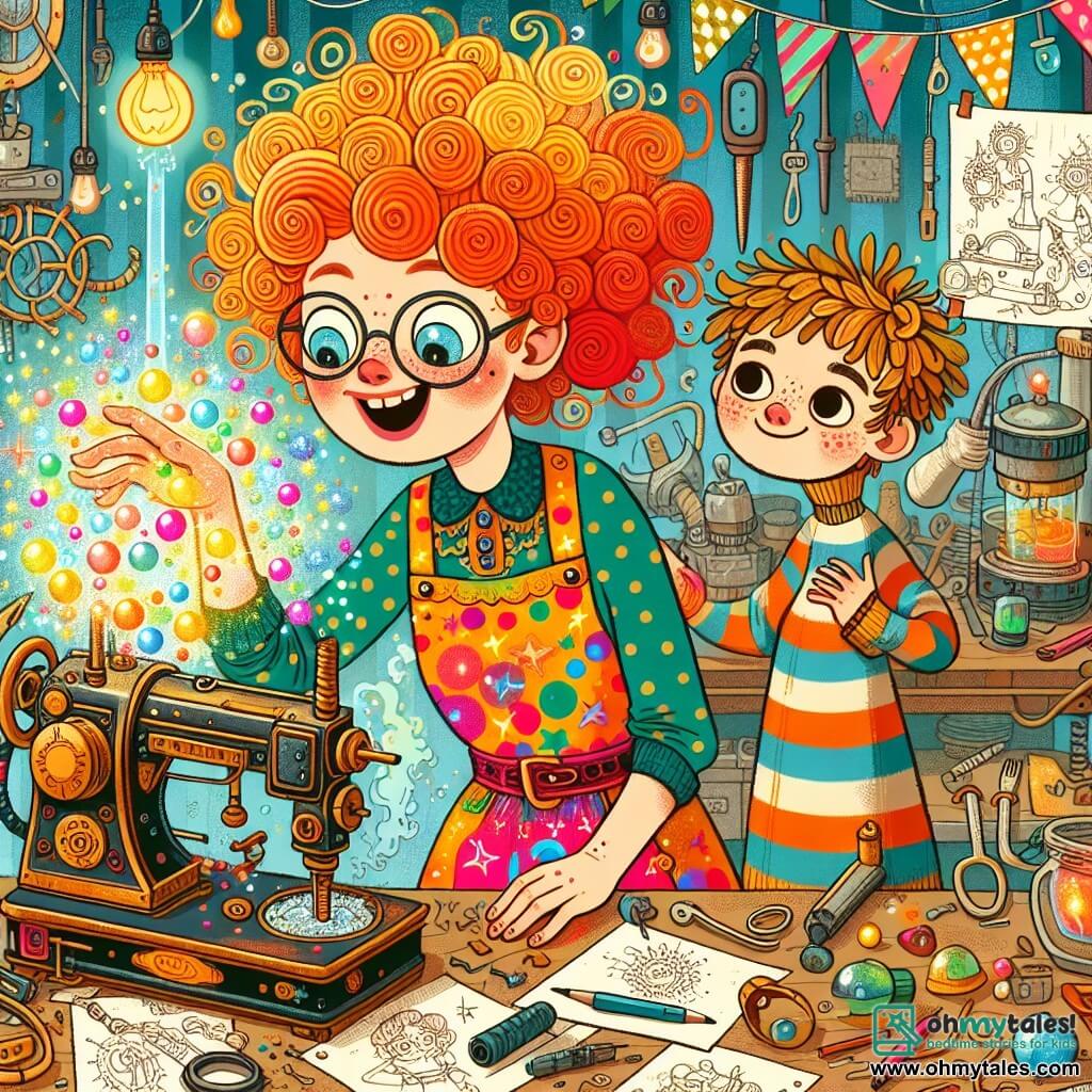 Une illustration sous forme de dessin destinée aux enfants représentant un atelier coloré et en désordre, rempli de gadgets et de dessins, où une femme aux cheveux bouclés et orange, portant un tablier multicolore, ajuste avec enthousiasme un étrange appareil brillant, tandis qu'un garçon aux yeux pétillants et aux cheveux châtains, vêtu d'un t-shirt rayé, observe avec émerveillement des bulles scintillantes s'échappant de la machine, créant une atmosphère joyeuse et magique.