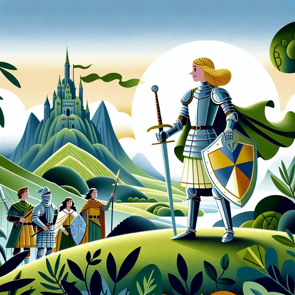 Une illustration destinée aux enfants représentant une chevalière courageuse se tenant sur une colline verdoyante, entourée de ses fidèles compagnons, prête à défendre son royaume contre les forces du mal, dans le magnifique royaume médiéval d'Ardor.