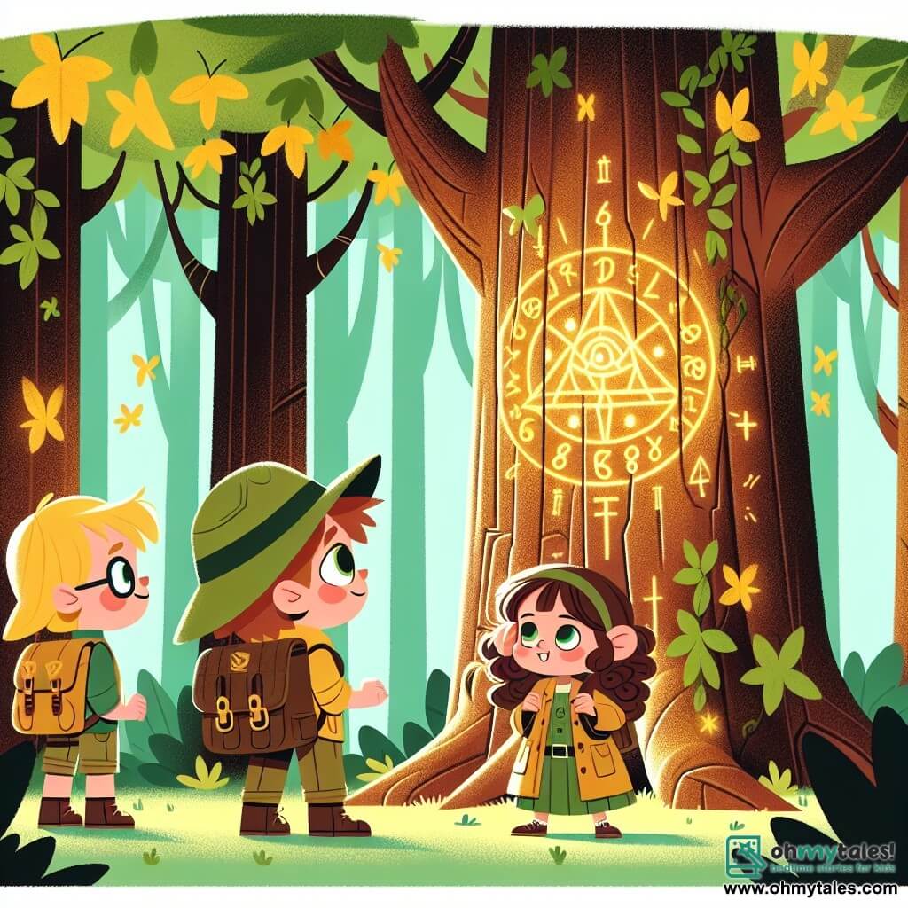 Une illustration sous forme de dessin destinée aux enfants représentant une forêt enchantée avec de grands arbres aux feuilles vertes et dorées, où une petite fille de 4 ans aux cheveux bouclés bruns et aux yeux verts, portant un chapeau d'explorateur et un petit sac à dos, se tient devant un grand arbre marqué d'un symbole mystérieux, tandis que deux de ses amis, un garçon aux cheveux blonds et une fille aux lunettes, l'observent avec émerveillement, tous trois prêts à découvrir un trésor caché au cœur de la forêt.