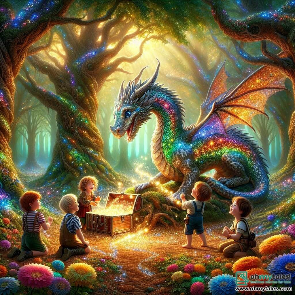 An illustration depicting an enchanted clearing in the heart of a magical forest, where majestic trees with shimmering leaves rise towards the sky. The ground is carpeted with colorful flowers that seem to dance in the gentle breeze, while a large, bright dragon with multicolored scales stands at the center, its eyes sparkling with kindness. In this scene, four young explorers are present: a boy about 8 years old with blond hair and blue eyes, wearing a striped t-shirt and shorts, laughing as he holds onto the dragon's mane. Next to him is a 7-year-old boy with brown hair, dressed in overalls and a tool belt, gazing in awe at a treasure chest that has just opened, releasing golden stars. Another 9-year-old boy, with brown hair and glasses, sits on the grass, smiling while holding a small toy dragon figurine. Finally, a 10-year-old boy in a wheelchair, with black hair and a big smile, joyfully claps at the sight of the sparkling stars. The main scene shows the children sharing moments of joy and wonder with their new dragon friend as they discover the magical treasures appearing around them. Colorful butterflies flutter around, adding a touch of magic to the atmosphere.