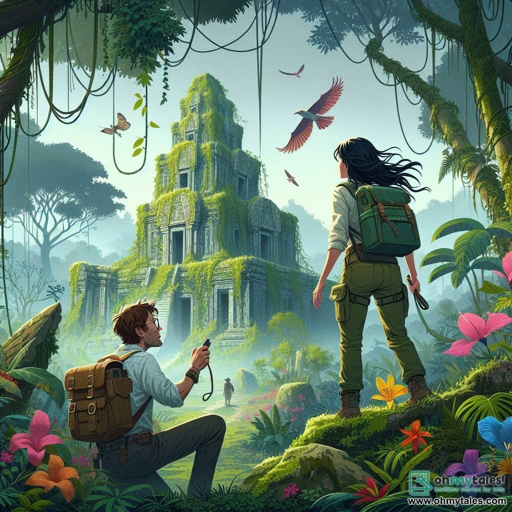 Une illustration sous forme de dessin destinée aux enfants représentant une jungle luxuriante et mystérieuse, avec un homme aux cheveux châtains en désordre, portant des lunettes rondes et un sac à dos, scrutant avec émerveillement une ancienne ruine recouverte de lianes et de fleurs colorées, tandis qu'une femme aux longs cheveux noirs et aux yeux verts, vêtue de vêtements de randonnée, observe attentivement les alentours, tous deux se préparant à découvrir les secrets de la Vallée Perdue d'Alaric, avec des oiseaux exotiques volant au-dessus d'eux et un léger brouillard flottant entre les arbres.