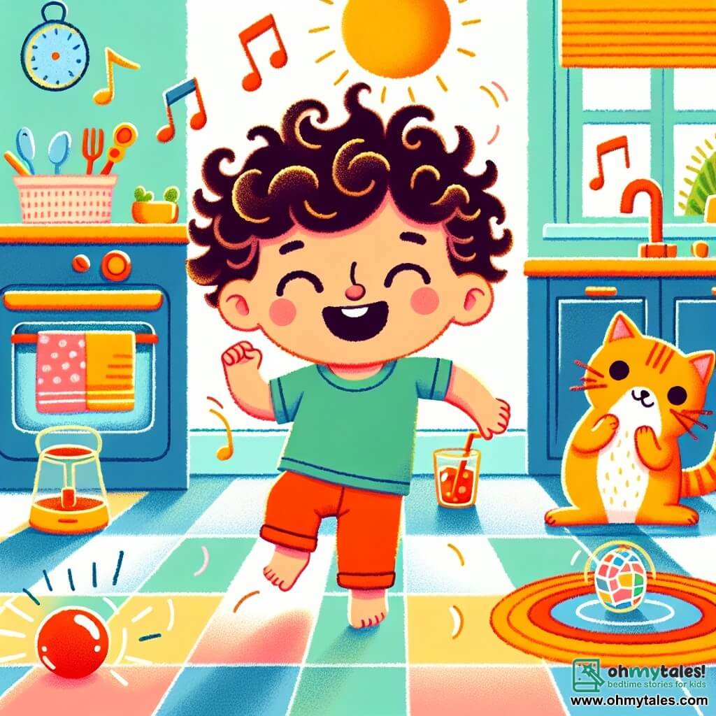 Une illustration sous forme de dessin destinée aux enfants représentant une cuisine ensoleillée avec des murs colorés, où un garçon de 3 ans aux yeux ronds et brillants, avec des cheveux bouclés en désordre, danse joyeusement en poursuivant une gelée rouge qui rebondit sur le sol, tandis qu'un chat orange aux poils duveteux, avec une queue en l'air, observe la scène avec curiosité, et un bébé de 1 an, aux joues rondes et souriantes, applaudit en riant, créant une ambiance ludique et absurde de fête et de mouvement.