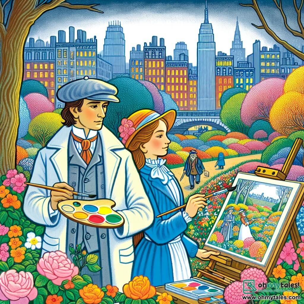 Une illustration destinée aux enfants représentant un artiste mystérieux, un garçon, en train de peindre des paysages colorés avec une jeune fille, une fille, dans un parc en fleurs de la ville animée de Willowbrook.
