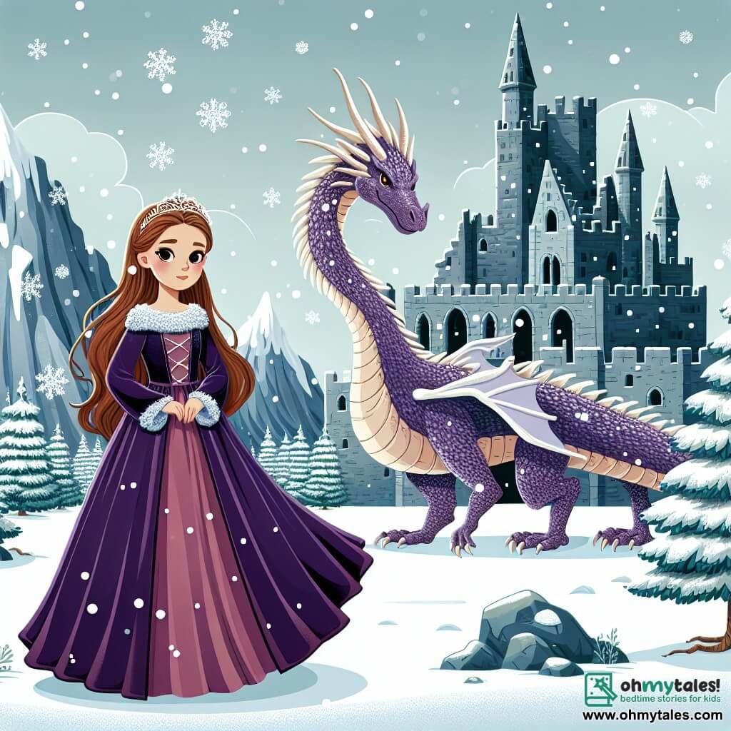 Une illustration destinée aux enfants représentant une femme courageuse, vêtue d'une robe en velours pourpre, se tenant debout devant un imposant château en ruines, accompagnée d'un majestueux dragon aux écailles scintillantes, dans un paysage enneigé où les arbres semblent figés dans le temps.