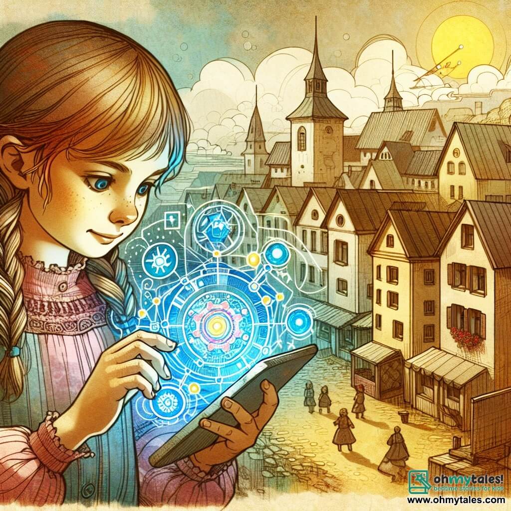 Une illustration destinée aux enfants représentant une jeune fille curieuse et imaginative, plongée dans un monde virtuel captivant, accompagnée d'un mystérieux appareil électronique, dans une petite ville ensoleillée où les écrans semblent avoir un pouvoir magique.