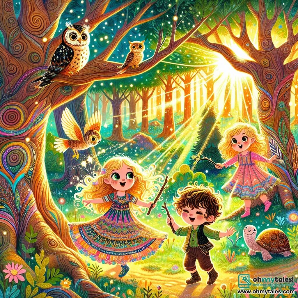 Illustration destinée aux enfants représentant une scène magique dans la forêt enchantée, où les arbres majestueux aux troncs noueux et aux feuilles scintillantes forment un abri coloré, tandis que des rayons de soleil filtrent à travers le feuillage, créant des motifs lumineux sur le sol. Au centre de la scène, un groupe de trois enfants de trois ans, deux filles et un garçon, explore avec émerveillement : la première fille a des cheveux dorés et porte une robe colorée qui tourbillonne autour d'elle, la seconde fille a des cheveux noirs et des yeux pétillants, tandis que le garçon, avec des cheveux bruns en bataille, tient une petite branche comme une épée. En arrière-plan, un hibou sage aux plumes dorées les observe depuis une branche, tandis qu'un tortue au regard bienveillant se repose sur un rocher, ajoutant une touche de sagesse à cette scène pleine de curiosité et d'aventure.