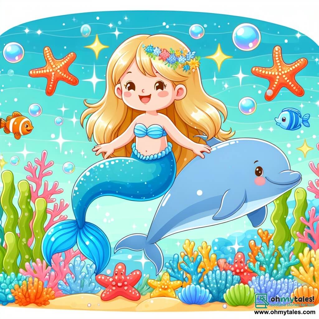 Une illustration destinée aux enfants représentant une sirène aux cheveux d'or nageant joyeusement aux côtés d'un dauphin joueur dans un royaume sous-marin étincelant, rempli de coraux colorés, d'étoiles de mer chatoyantes et de poissons brillants.