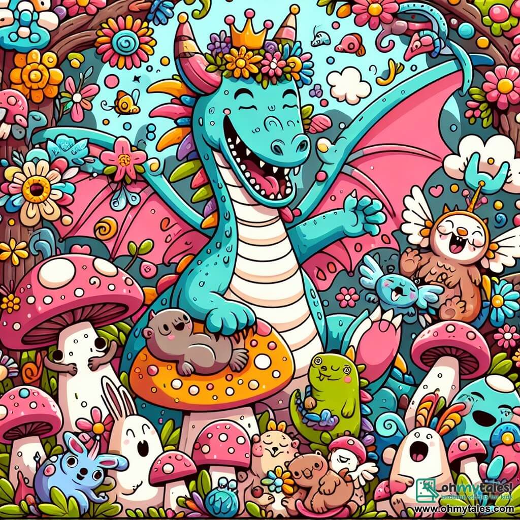 Une illustration destinée aux enfants représentant un dragon farfelu, entouré d'animaux rigolos, dans une forêt enchantée remplie de champignons multicolores et de fleurs qui éclatent de rire.