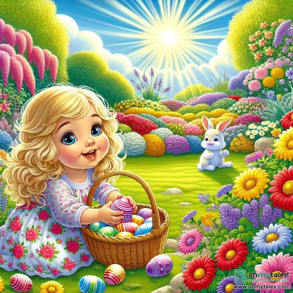 An illustration of a sunny garden filled with colorful flowers with bright yellow, red, and purple petals, a lush green lawn, and a blue sky dotted with fluffy white clouds. In the center, a one-year-old girl with curly blonde hair and rosy cheeks is crouched down, holding a wicker basket filled with colorful Easter eggs. She is joyfully smiling, her eyes sparkling with curiosity as she discovers a shiny egg. Nearby, a mother in her thirties with brown hair in a bun watches her daughter with a tender smile, dressed in a light floral dress. In one corner of the garden, a small, soft white rabbit with big ears stands on its hind legs, ready to perform. The scene exudes a joyful and festive atmosphere, with Easter eggs hidden among the flowers and sunlight illuminating everything.