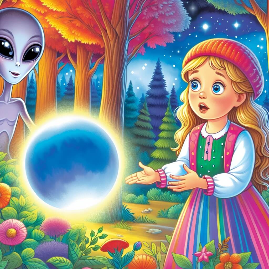 Une illustration destinée aux enfants représentant une jeune femme intrépide, émerveillée devant une mystérieuse sphère lumineuse, accompagnée d'un extraterrestre bienveillant, dans une forêt enchantée aux arbres majestueux et aux couleurs chatoyantes.