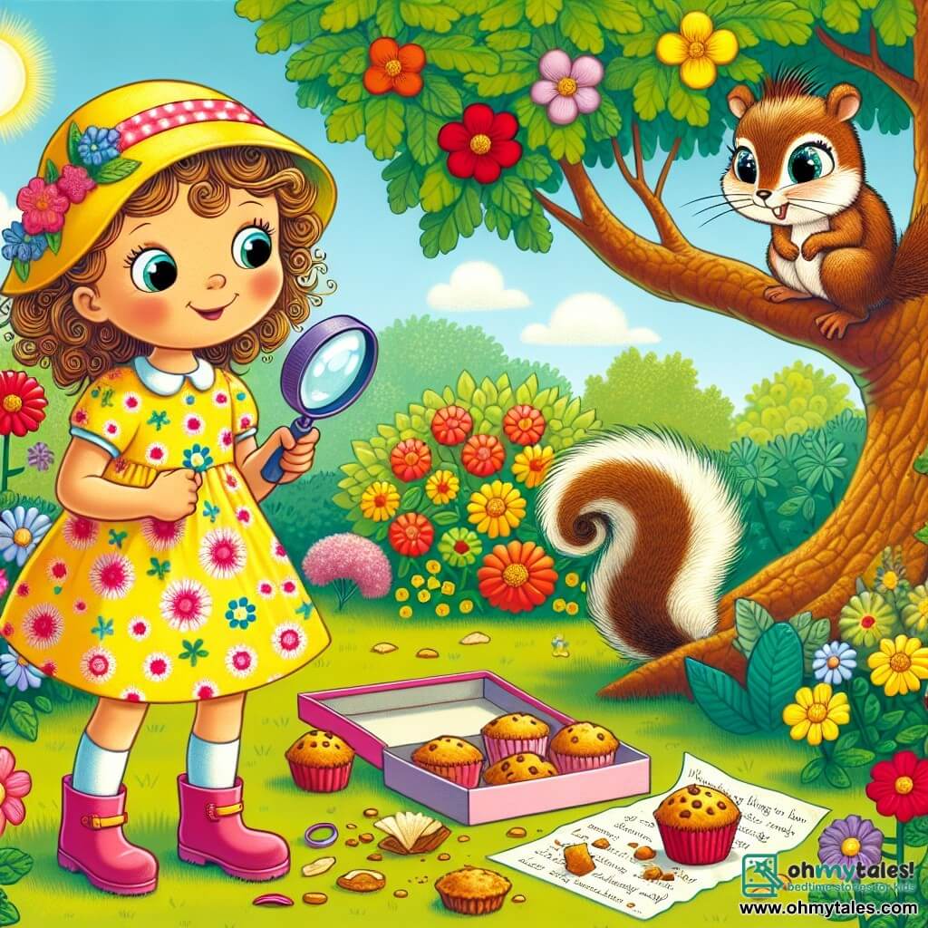 Une illustration sous forme de dessin destinée aux enfants représentant un jardin ensoleillé, rempli de fleurs colorées et d'un grand chêne, avec une petite fille de 5 ans aux cheveux bouclés et à la robe jaune à fleurs, tenant une loupe et regardant avec curiosité autour d'elle, tandis qu'un petit écureuil aux yeux vifs et à la queue touffue se tient sur une branche, observant la scène avec un air malicieux, alors qu'ils sont tous deux engagés dans une quête amusante pour retrouver des muffins disparus, avec des miettes de muffins éparpillées sur le sol et une boîte à chaussures artisanale à côté, prête à piéger le voleur.