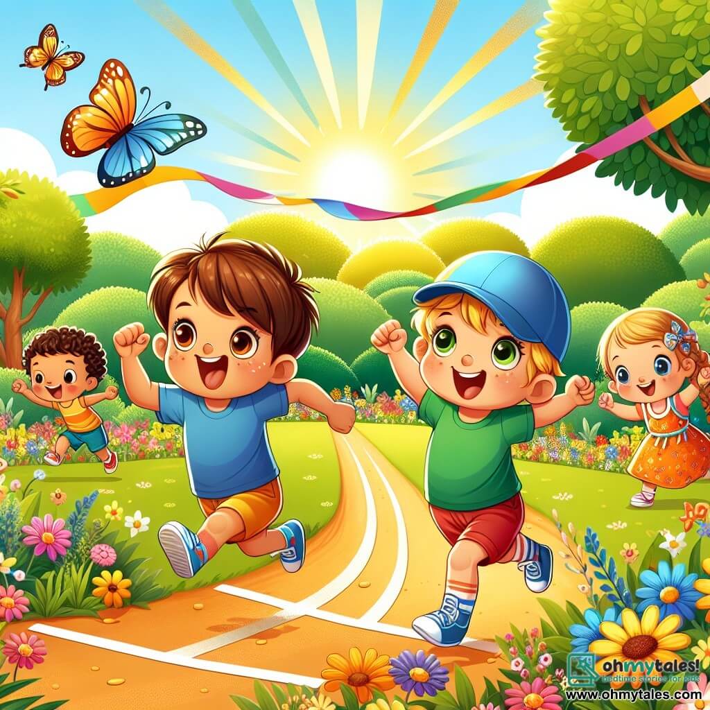An illustration depicts a sunny park filled with colorful flowers and lush trees. In the center, a dirt path leads to a starting line marked by a large colorful ribbon. A boy about 8 years old, with brown hair and a big smile, is enthusiastically taking off. Next to him, another 8-year-old boy wearing a backward blue cap is joyfully laughing and running fast. A third boy, slightly smaller with blonde hair and bright eyes, is jumping for joy while running, showing his determination. In the background, a fourth child, a 7-year-old girl with braids and a colorful dress, encourages them with her arms raised and a big smile. The scene conveys an atmosphere of camaraderie and self-confidence, with laughter and expressions of joy on the children's faces. Butterflies flutter around them, adding a touch of magic to this moment of shared happiness.