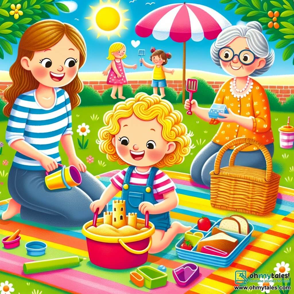 Une illustration sous forme de dessin destinée aux enfants représentant un joli jardin ensoleillé avec une grande couverture de pique-nique colorée étalée sur l'herbe, une petite fille de 2 ans aux cheveux bouclés et blonds, souriante, en train de construire un château de sable avec des jouets en forme de seau et de pelle, tandis que sa maman, une femme aux cheveux bruns attachés en chignon, les regarde avec tendresse, et sa grand-mère, une femme âgée aux cheveux gris et portant des lunettes, prépare des sandwiches à côté d'elles, le tout baigné dans une atmosphère joyeuse et estivale.