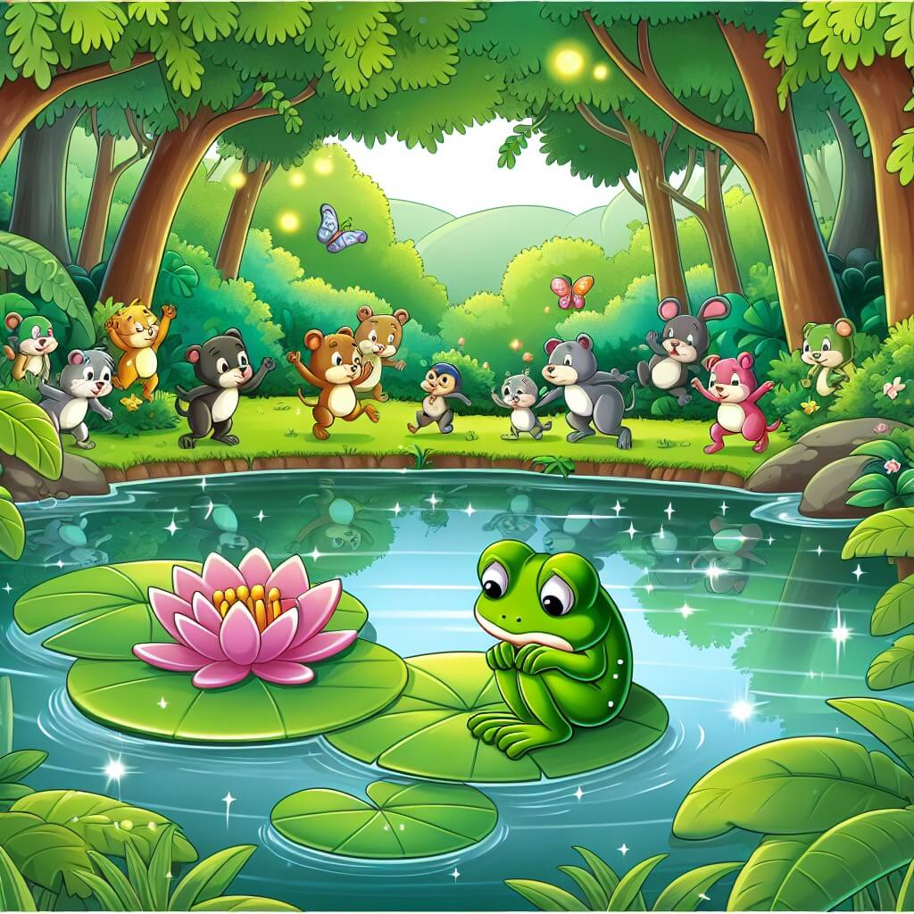 Une illustration destinée aux enfants représentant une petite grenouille solitaire, assise sur un nénuphar, observant tristement les autres animaux joyeux qui jouent et se réjouissent dans une magnifique forêt verdoyante entourant un étang scintillant.