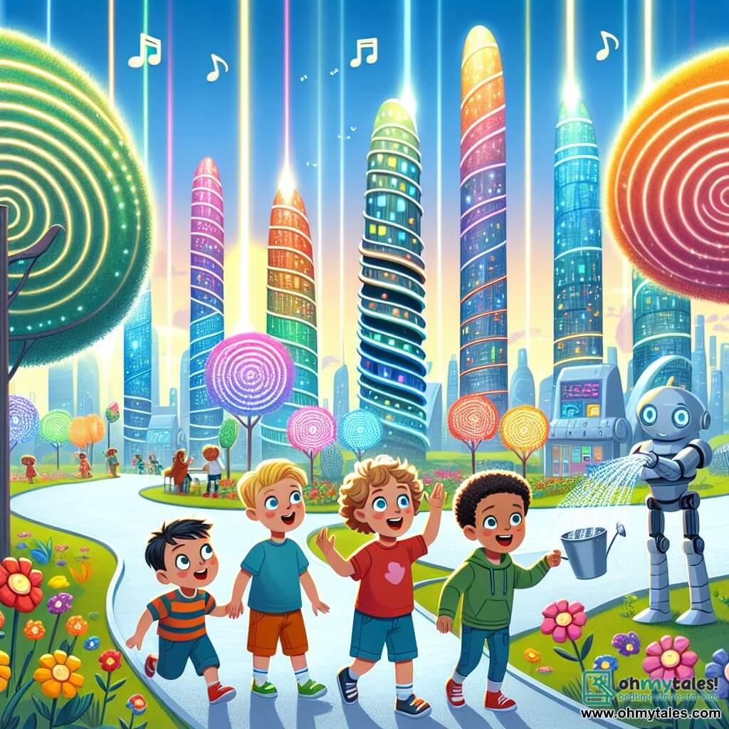 An illustration depicting a beautiful landscape of the futuristic city of Luminara, with colorful spiral-shaped buildings rising into the sky, sparkling under the sun. The streets are lined with glowing trees with shimmering leaves that change color, and singing flowers dancing in the gentle breeze. In the foreground, four boys aged around 8 to 10 are gathered. The first boy, with curly blonde hair, wears a red t-shirt and blue shorts, smiling enthusiastically. The second boy, with brown hair and glasses, is dressed in a striped shirt and looks on in wonder. The third boy, with straight black hair, wears a green hoodie and jumps for joy. The youngest boy, with brown hair and freckles, is pointing at a friendly robot watering flowers. The main scene shows the boys having fun in the garden helping a silver robot water colorful singing flowers. Musical notes float around them, and bursts of light emanate from the flowers. In the background, the large golden clock of the city indicates it's time to start their adventure, while other children play and laugh around them, creating a joyful and magical atmosphere.