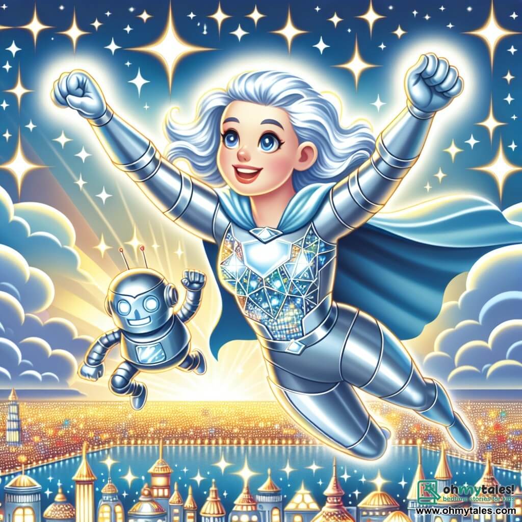 Une illustration destinée aux enfants représentant une super-héroïne aux cheveux argentés, volant à travers un ciel éclatant, accompagnée de son fidèle robot en métal brillant, dans la ville scintillante de Crystalville.