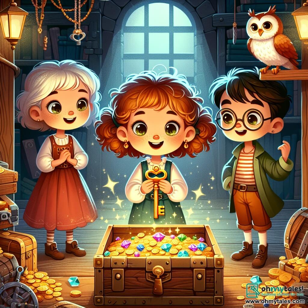 Une illustration sous forme de dessin destinée aux enfants représentant une scène magique dans un vieux grenier rempli de trésors poussiéreux, avec une petite fille de 5 ans aux yeux pétillants et aux cheveux bouclés, tenant une clé dorée dans ses mains, entourée de ses deux amis : un garçon intelligent aux lunettes et une fille courageuse aux cheveux raides, tous trois émerveillés devant un coffre au trésor ouvert débordant de gemmes colorées et de pièces brillantes, tandis qu'un hibou sage les observe depuis une étagère en bois, créant une atmosphère d'aventure et de découverte.