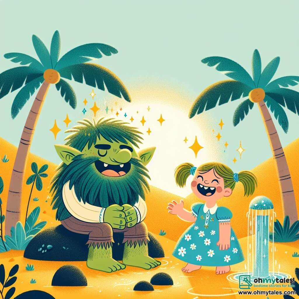 Une illustration sous forme de dessin destinée aux enfants représentant un oasis verdoyant au milieu d'un désert doré, avec un troll bienveillant à la peau verte et couverte de mousse, assis près d'une source d'eau, riant joyeusement avec une petite fille aux yeux brillants et aux pigtails, vêtue d'une robe bleue à fleurs blanches, alors qu'ils discutent de leur quête pour trouver la magique Pierre Étoile, entourés de palmiers et de cristaux scintillants qui reflètent la lumière du soleil.