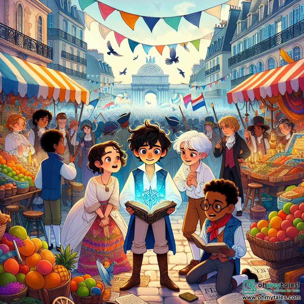 An illustration depicting a lively scene in an 18th-century Paris market. Colorful stalls overflow with fruits, vibrant fabrics, and exotic spices, while flags flutter above the crowd. In the center, an 11-year-old boy with messy brown hair, wearing a white shirt and a blue vest, looks around in wonder. He holds a mysterious compass glowing with a blue light, his face lit up with curiosity and excitement. Beside him, an 11-year-old girl with golden curls and a colorful dress attentively observes the scene, while another 11-year-old boy with round glasses and an intelligent look examines an ancient book in his hands. In the background, a passionate crowd waves signs, shouting slogans for freedom, adding an atmosphere of tension and energy to the scene. Details like pigeons flying overhead and children playing in the alleys complete this vibrant and lively illustration.