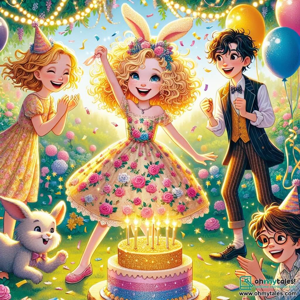 Une illustration sous forme de dessin destinée aux enfants représentant un jardin ensoleillé décoré de ballons colorés et de guirlandes scintillantes, où une fille de 11 ans aux cheveux bouclés et dorés, portant une robe à fleurs, sourit joyeusement en tenant un gâteau d'anniversaire décoré de paillettes, entourée de deux amis : un garçon grand avec un sourire espiègle et une fille aux lunettes roses, tous deux riant et applaudissant alors qu'un adorable lapin magique en costume de fête, Sir Hopsalot, s'apprête à lancer des confettis, capturant l'instant magique d'une célébration d'anniversaire pleine de joie et d'émerveillement.