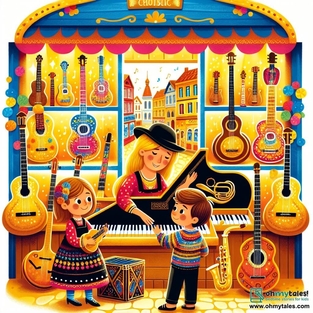 Une illustration destinée aux enfants représentant une femme passionnée de musique, enseignant à un garçon et une fille comment jouer des instruments de musique dans sa boutique colorée et chaleureuse, remplie de guitares, pianos et saxophones scintillants, située au cœur d'une petite ville animée.