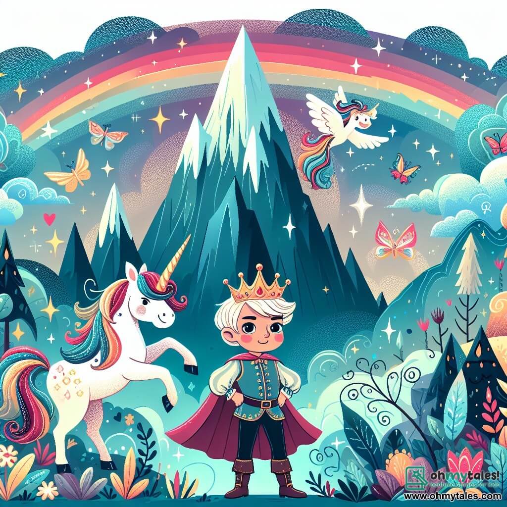Une illustration destinée aux enfants représentant un jeune prince au cœur vaillant, accompagné d'un farceur licorne, dans un royaume enchanté rempli de couleurs chatoyantes, de créatures magiques et d'une montagne mystérieuse entourée d'une épaisse brume.