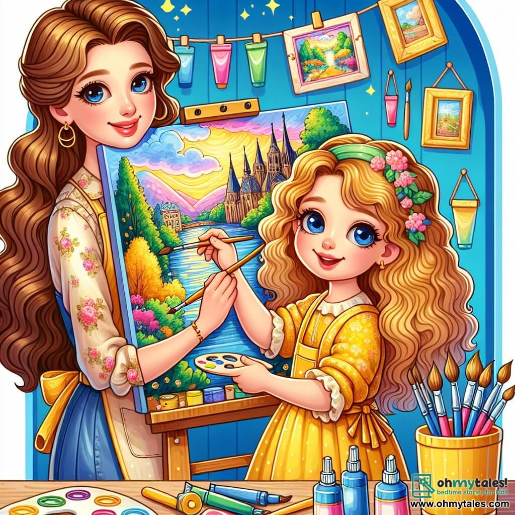 Une illustration sous forme de dessin destinée aux enfants représentant un studio d'art coloré avec des murs éclatants de jaune et de bleu, où une femme aux cheveux châtain ondulés, souriante et vêtue d'un tablier de peinture, montre à une petite fille aux yeux bleus et aux cheveux bouclés dorés, habillée d'une robe jaune, comment peindre un magnifique paysage, tandis que des tubes de peinture et des pinceaux sont éparpillés autour d'elles, créant une atmosphère joyeuse et créative, pleine de couleurs vives et d'imagination.