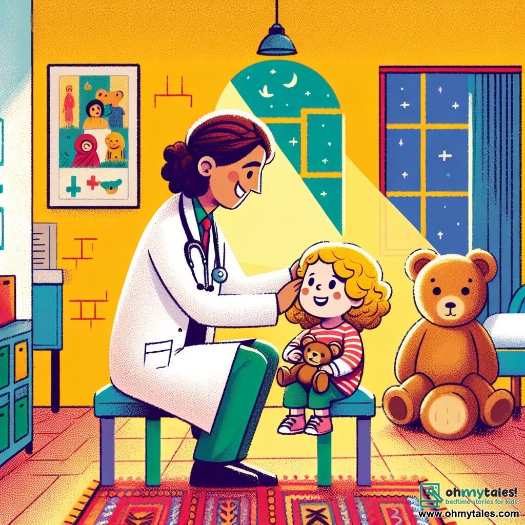Une illustration sous forme de dessin destinée aux enfants représentant une clinique lumineuse aux murs jaunes ornés de dessins d'animaux, où une femme médecin souriante aux cheveux bruns et bouclés, portant une blouse blanche, examine avec douceur une petite fille aux cheveux blonds et aux yeux pétillants, tenant un ours en peluche, tandis qu'un grand ours en peluche assis dans un coin semble les encourager, le tout dans une atmosphère chaleureuse et réconfortante, illustrant le thème de l'aide et du soin.