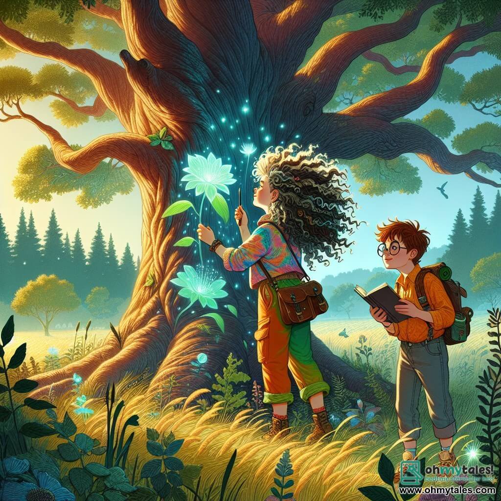 Une illustration sous forme de dessin destinée aux enfants représentant une vaste clairière baignée de lumière dorée, au centre de laquelle se dresse un immense arbre aux feuilles iridescentes, avec une jeune femme aux cheveux bouclés et sauvages, vêtue d'un pantalon de randonnée et d'un t-shirt coloré, qui touche tendrement le tronc de l'arbre tout en tenant un carnet de notes, tandis qu'à ses côtés, un jeune garçon aux lunettes et aux cheveux châtains examine une plante lumineuse, tous deux émerveillés par la magie de la nature, illustrant leur découverte dans le monde mystérieux d'Eldoria.