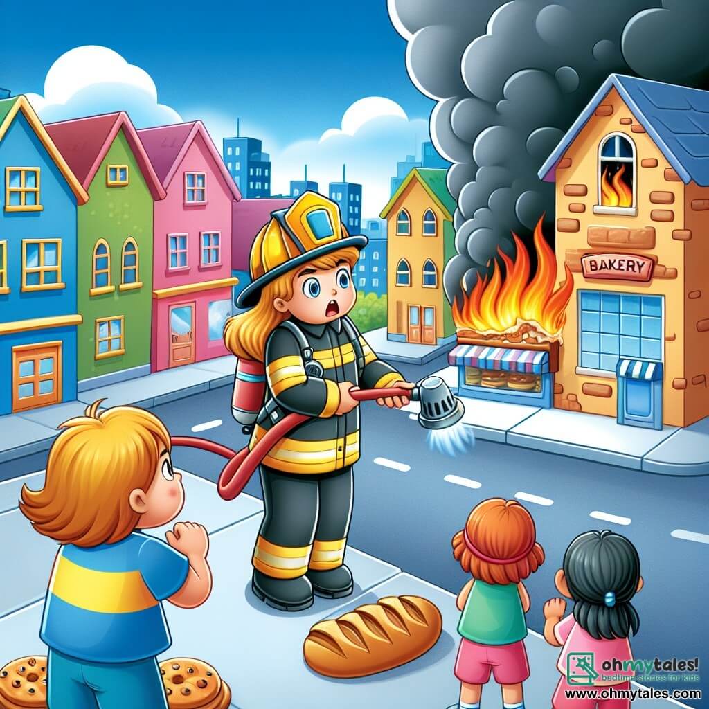 Une illustration destinée aux enfants représentant une courageuse femme pompier affrontant un incendie dans une boulangerie, avec des enfants émerveillés l'observant, au cœur de la ville animée de Greenfield, où les maisons colorées se dressent sous un ciel bleu azur.