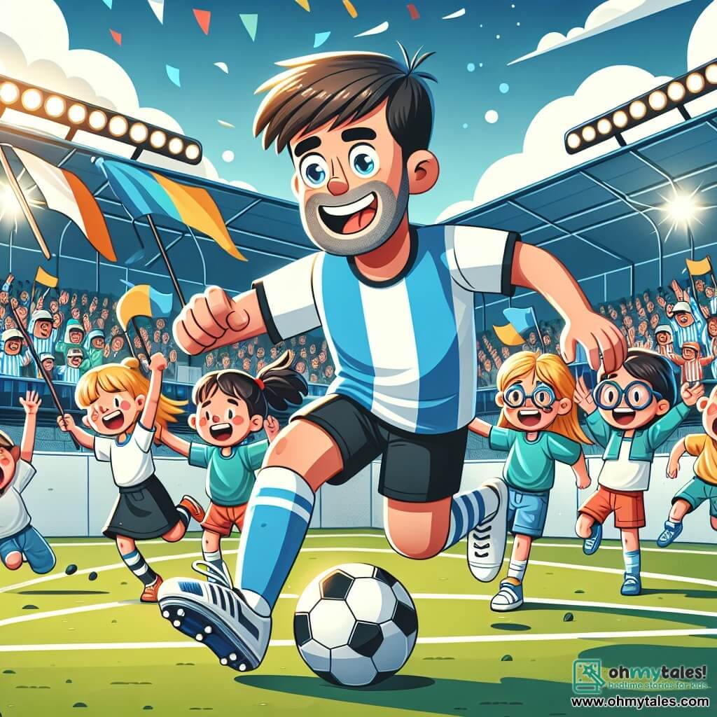 Une illustration sous forme de dessin destinée aux enfants représentant un grand stade de football vibrant de couleurs, avec un homme au sourire chaleureux, portant un maillot d'équipe bleu et blanc, dribblant le ballon avec agilité sur le terrain, entouré de plusieurs enfants aux visages joyeux, dont une fille aux pigtails et un garçon aux lunettes, qui l'encouragent en levant les bras, tandis que des spectateurs dans les gradins brandissent des pancartes et des drapeaux, capturant l'esprit de camaraderie et de passion pour le football.
