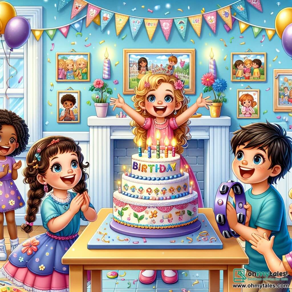 An illustration depicts a joyful scene in a colorful classroom with light blue walls and children's drawings on the walls. In the center, a large table is covered with a birthday cake adorned with colorful candles and sparkling confetti. Four children are present: a brown-haired girl, about 8 years old, wearing a pink dress with floral patterns, smiling with sparkling eyes; next to her, a blonde girl with braids, also 8, holding a tambourine and dancing enthusiastically; a brown-haired boy, around 8, wearing a blue t-shirt and glasses, clapping with a big smile; and finally, a girl with straight black hair in a purple t-shirt, gazing at the cake in wonder. The main scene shows the children celebrating a surprise birthday, surrounded by colorful balloons floating from the ceiling and paper garlands. Laughter and smiles light up their faces as friends gather around the cake, ready to sing "Happy Birthday."