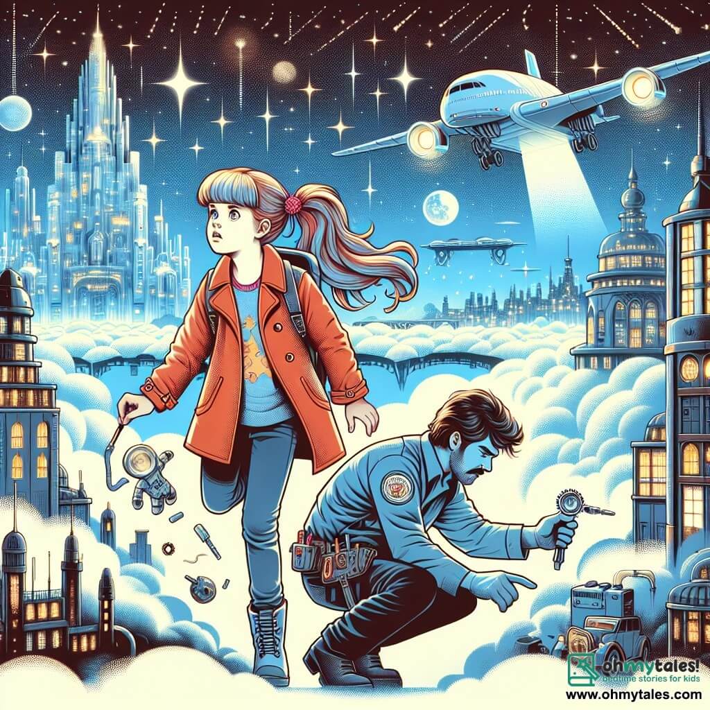 Une illustration destinée aux enfants représentant une jeune fille courageuse enquêtant sur des pannes mystérieuses avec l'aide d'un gentil ingénieur dans une ville futuriste flottant au-dessus des nuages, aux bâtiments scintillants et aux voitures en lévitation.