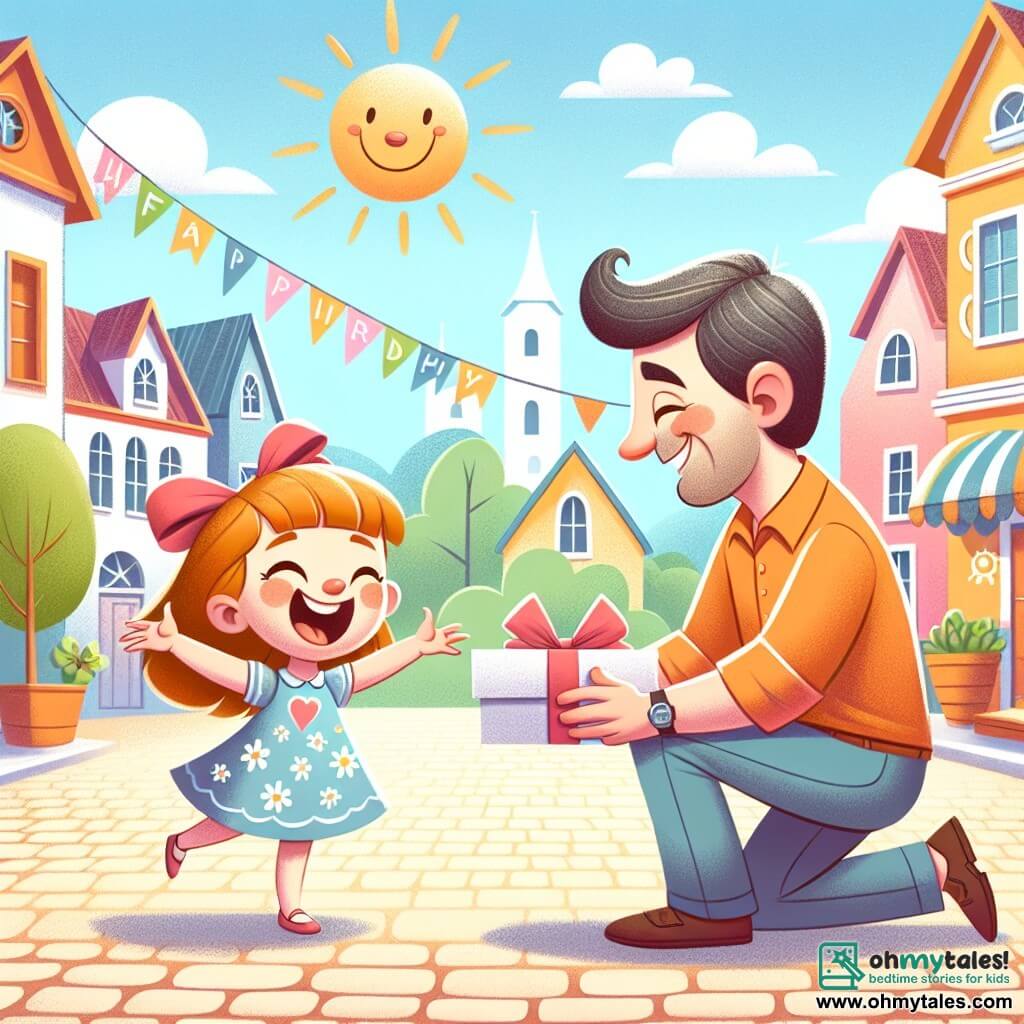 Une illustration destinée aux enfants représentant une fillette joyeuse préparant une surprise pour la fête des pères, avec son papa souriant comme personnage secondaire, dans une petite ville ensoleillée aux rues pavées et maisons colorées.