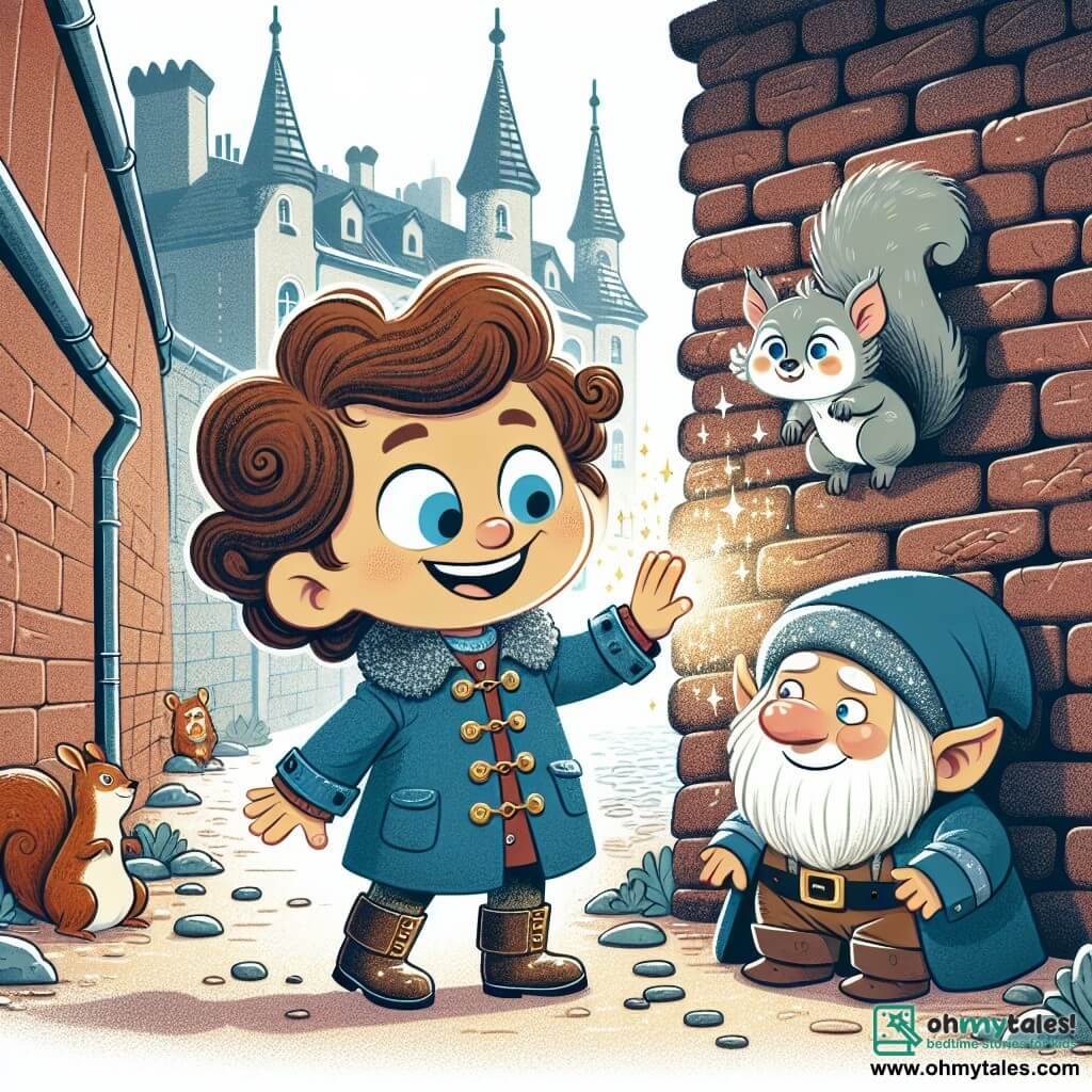 Une illustration sous forme de dessin destinée aux enfants représentant une ruelle magique cachée entre deux bâtiments de briques anciennes, où un garçon de 5 ans avec des cheveux bouclés bruns et des yeux bleus, vêtu d'un manteau bleu et de bottes brillantes, se tient joyeusement en train de tapoter un mur qui scintille, tandis qu'un écureuil gris aux yeux pétillants, perché sur son épaule, observe avec curiosité, et un petit troll aux oreilles duveteuses et au nez rose, tout sourire, les regarde avec gratitude, illustrant un moment de camaraderie et d'aventure dans un monde où la magie et la réalité se rencontrent.