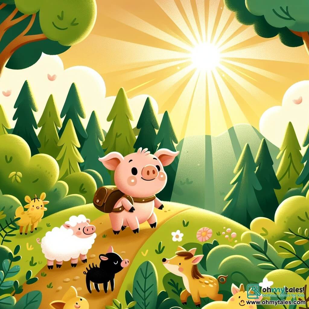 Une illustration destinée aux enfants représentant un adorable cochon curieux, partant à l'aventure à travers une forêt luxuriante, accompagné de ses amis animaux, dans une campagne verdoyante baignée par les rayons dorés du soleil.